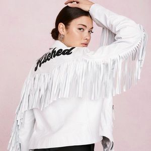 Nasty Gal Just Hitched Graphic Leather Fringe Jacket